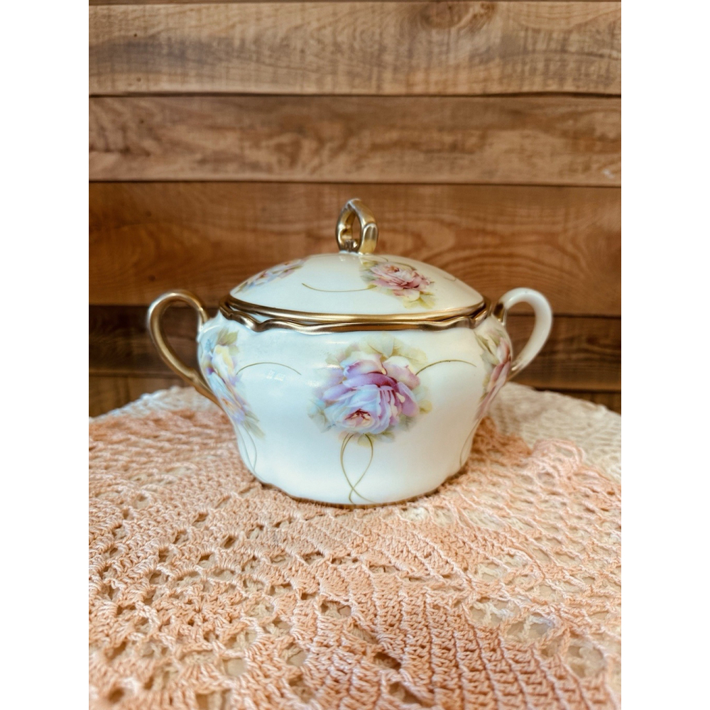 Vintage Bavarian Porcelain Serving Bowl With Lid Hand Painted Floral Gold Trim